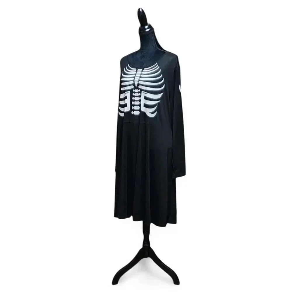 Womens Solid Black Gothic Long-Sleeve Skeleton Dress Plus Size 4X Costume Casual - Picture 2 of 6